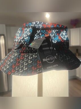 Hard Rock Patterned Bucket Hat - Black with Red, Blue & White Accents